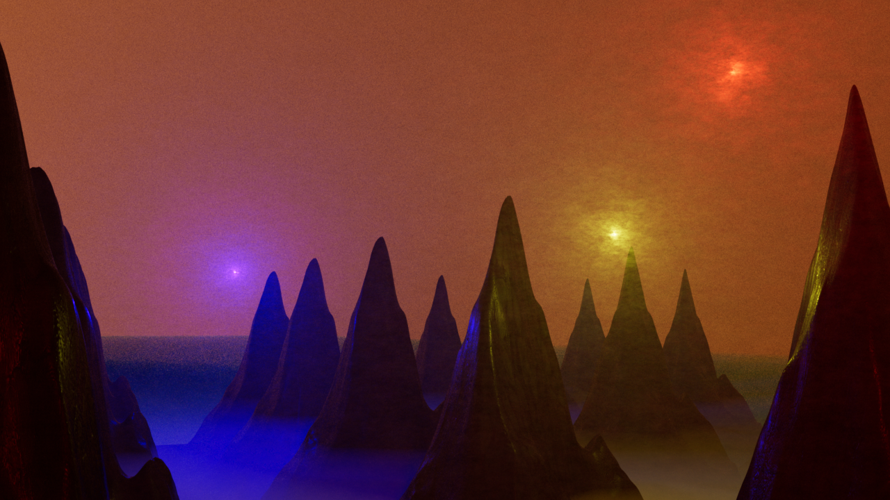 Abstract alien landscape with needle like formations emerging from dense fog